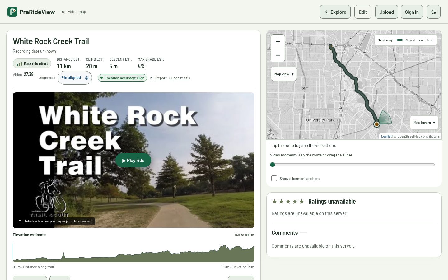 PreRideView's White Rock Creek Trail ride page, showing trail video beside a route map and an elevation estimate.