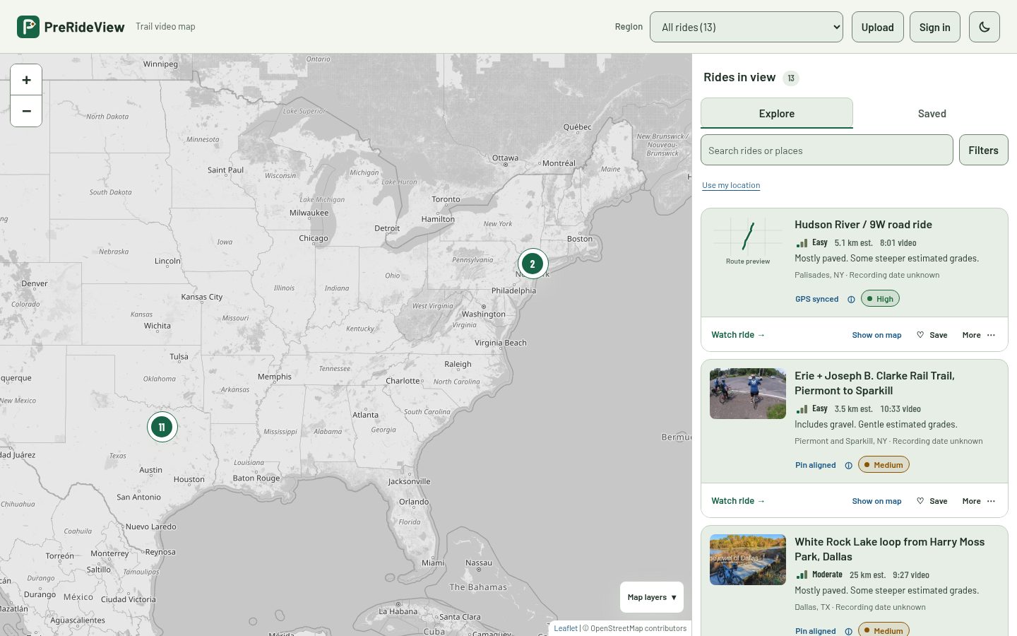 PreRideView's trail browsing view, with a map and a list of rides.