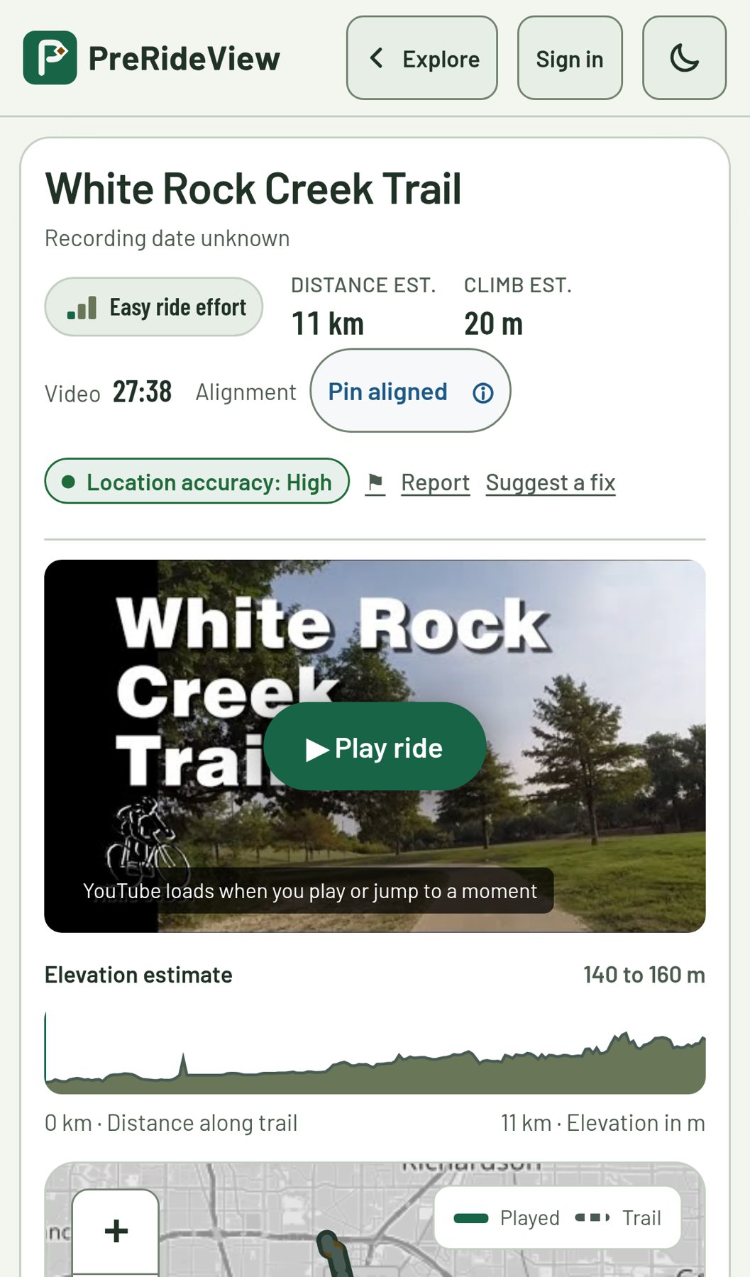 PreRideView on a phone, showing the White Rock Creek Trail video, location accuracy badge and elevation estimate.